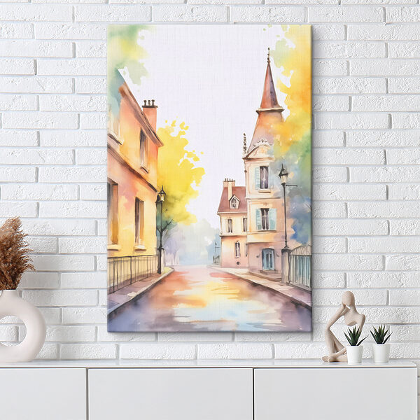 Watercolor painting of a street with buildings and trees