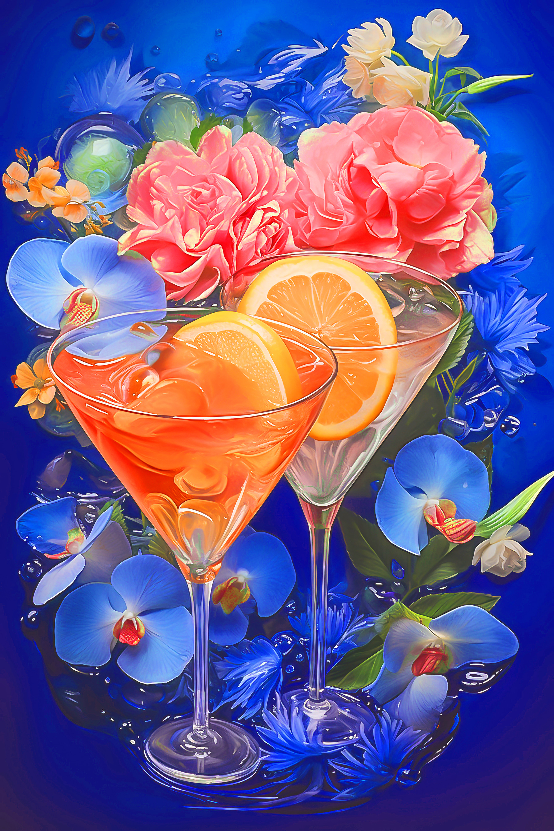 A pair of glasses with oranges and flowers