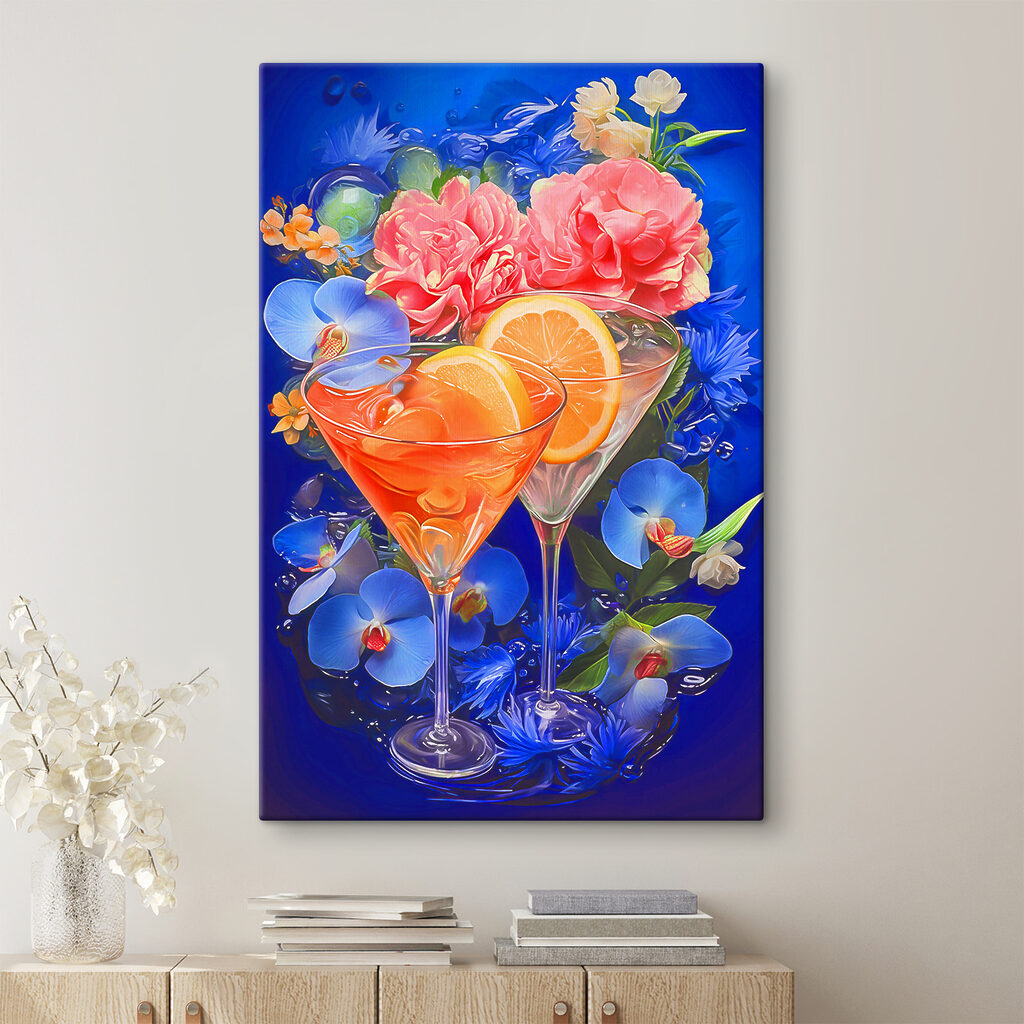A pair of glasses with oranges and flowers