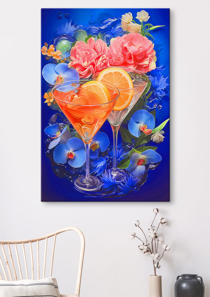 A pair of glasses with oranges and flowers