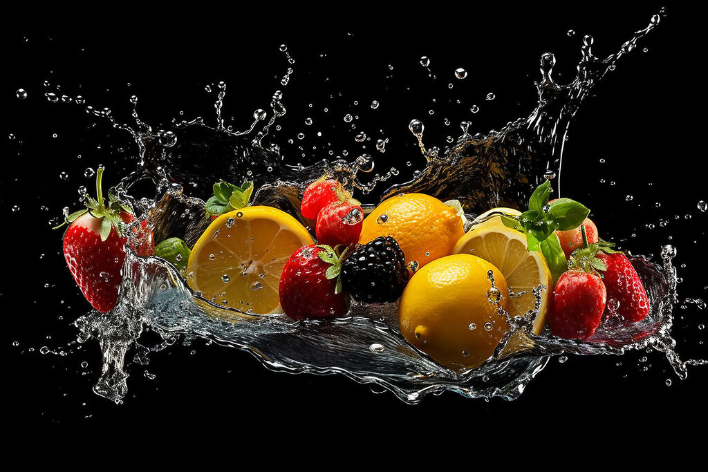 A group of fruits splashing into water