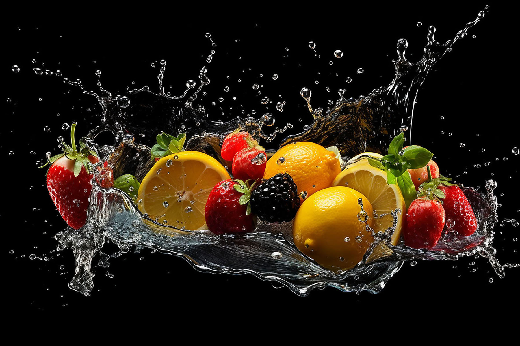 A group of fruits splashing into water