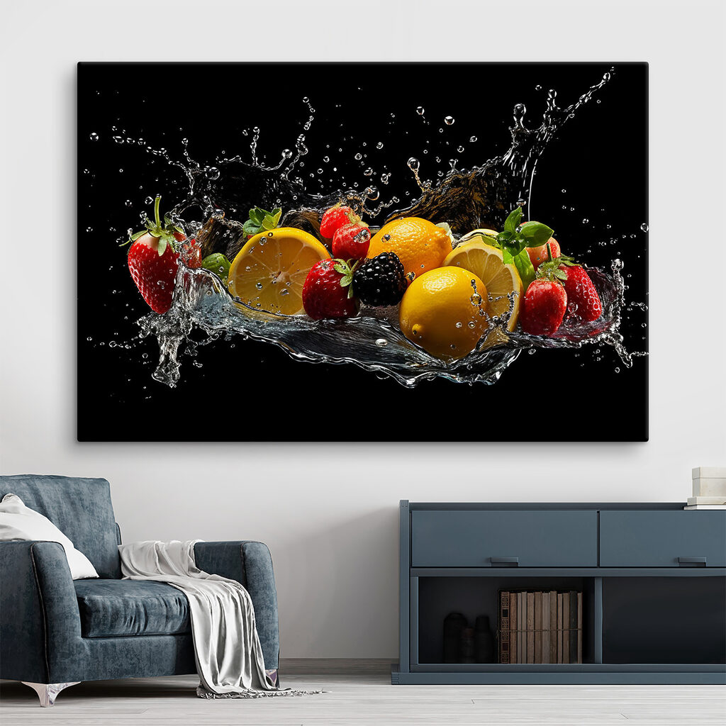 A group of fruits splashing into water