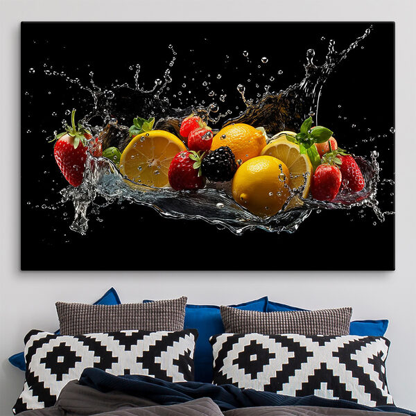 A group of fruits splashing into water