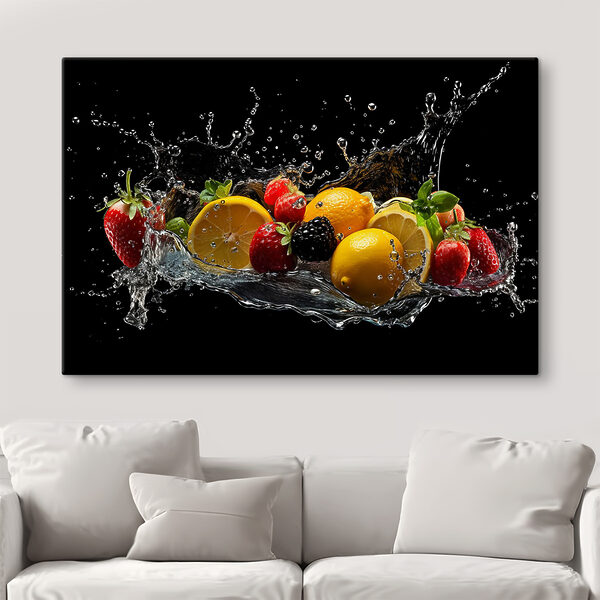 A group of fruits splashing into water