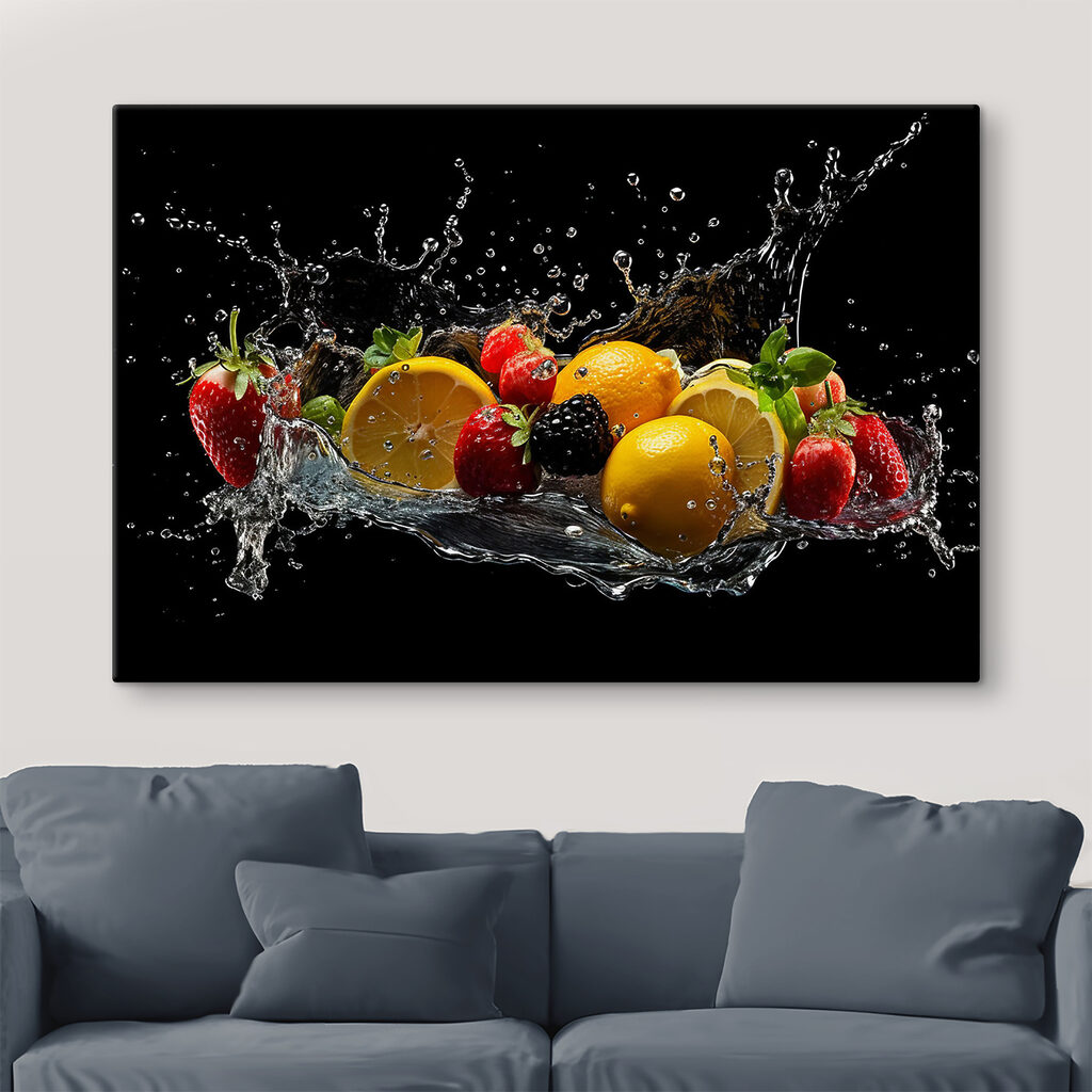 A group of fruits splashing into water