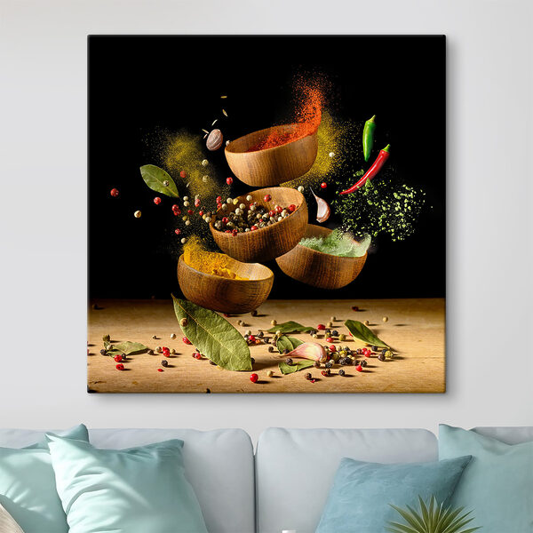 A group of bowls with spices and herbs