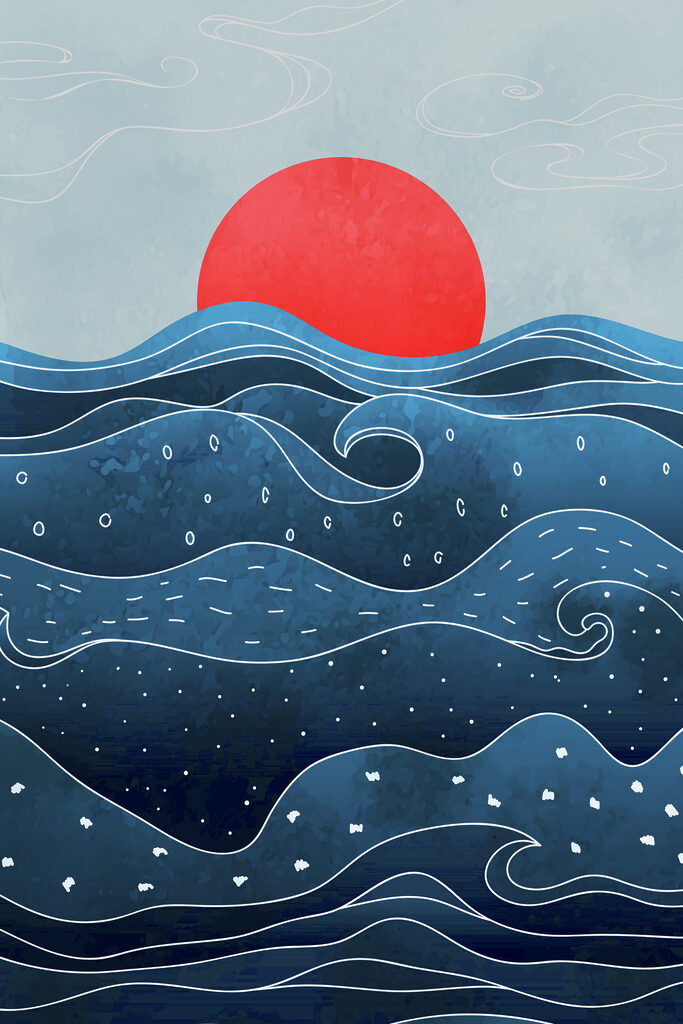 A water with waves and a red sun