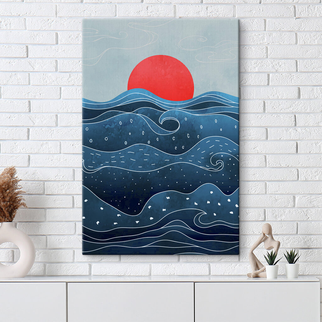 A water with waves and a red sun