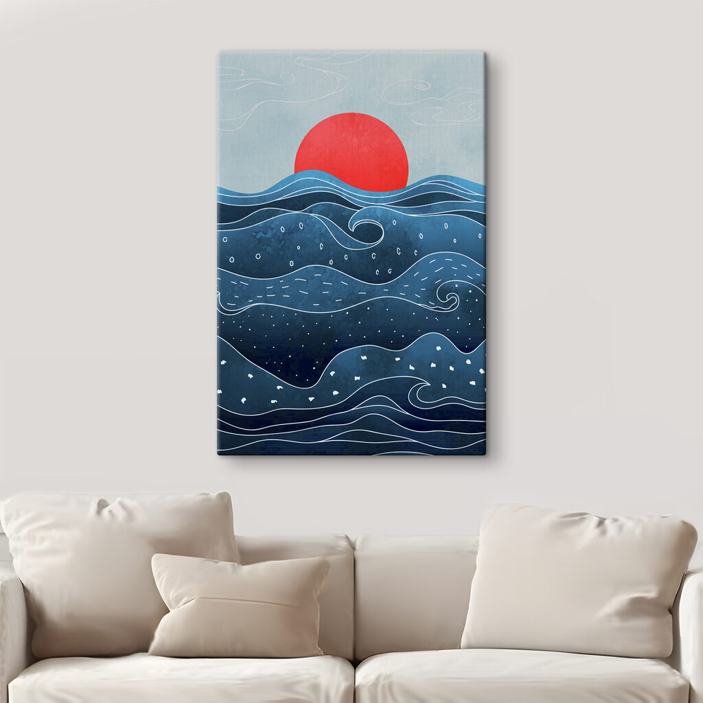 A water with waves and a red sun