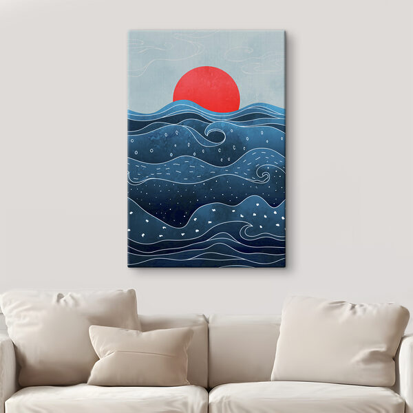 A water with waves and a red sun