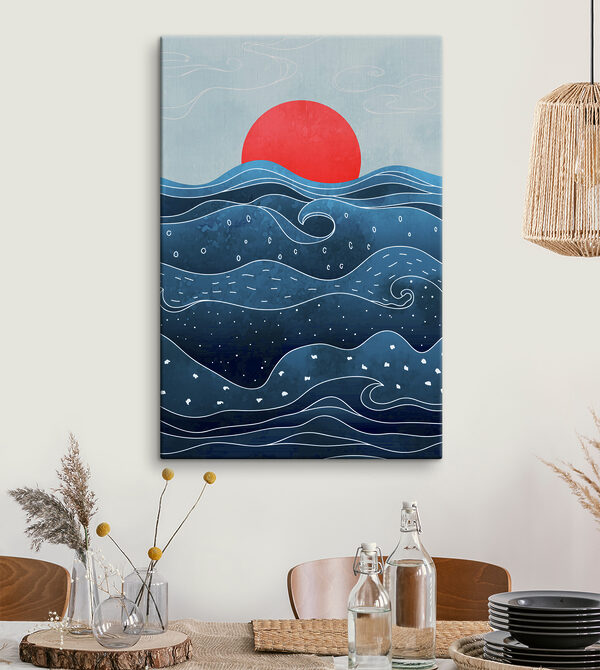 A water with waves and a red sun