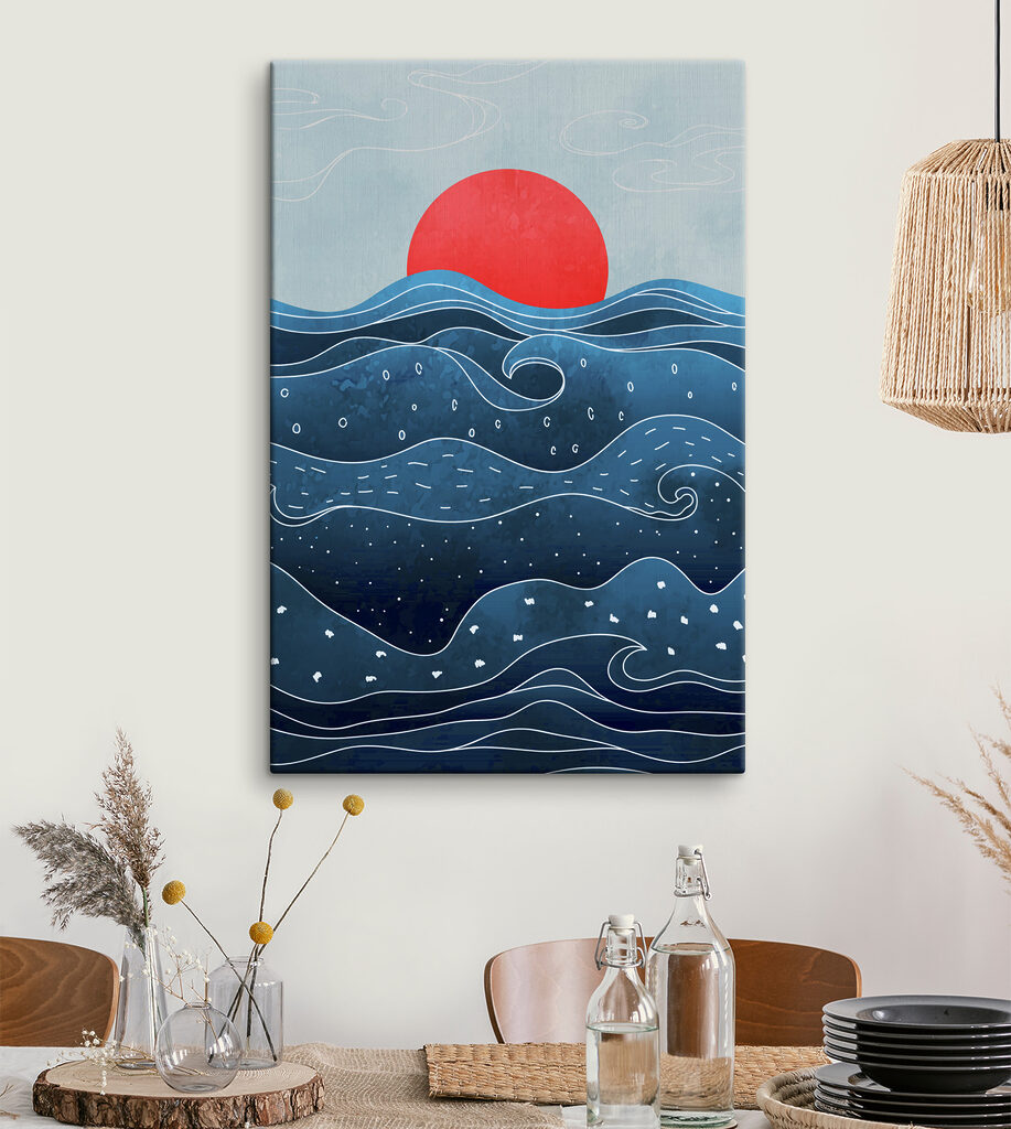 A water with waves and a red sun