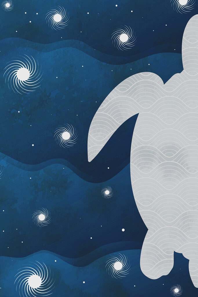 A white turtle with a curved tail and waves in the sky