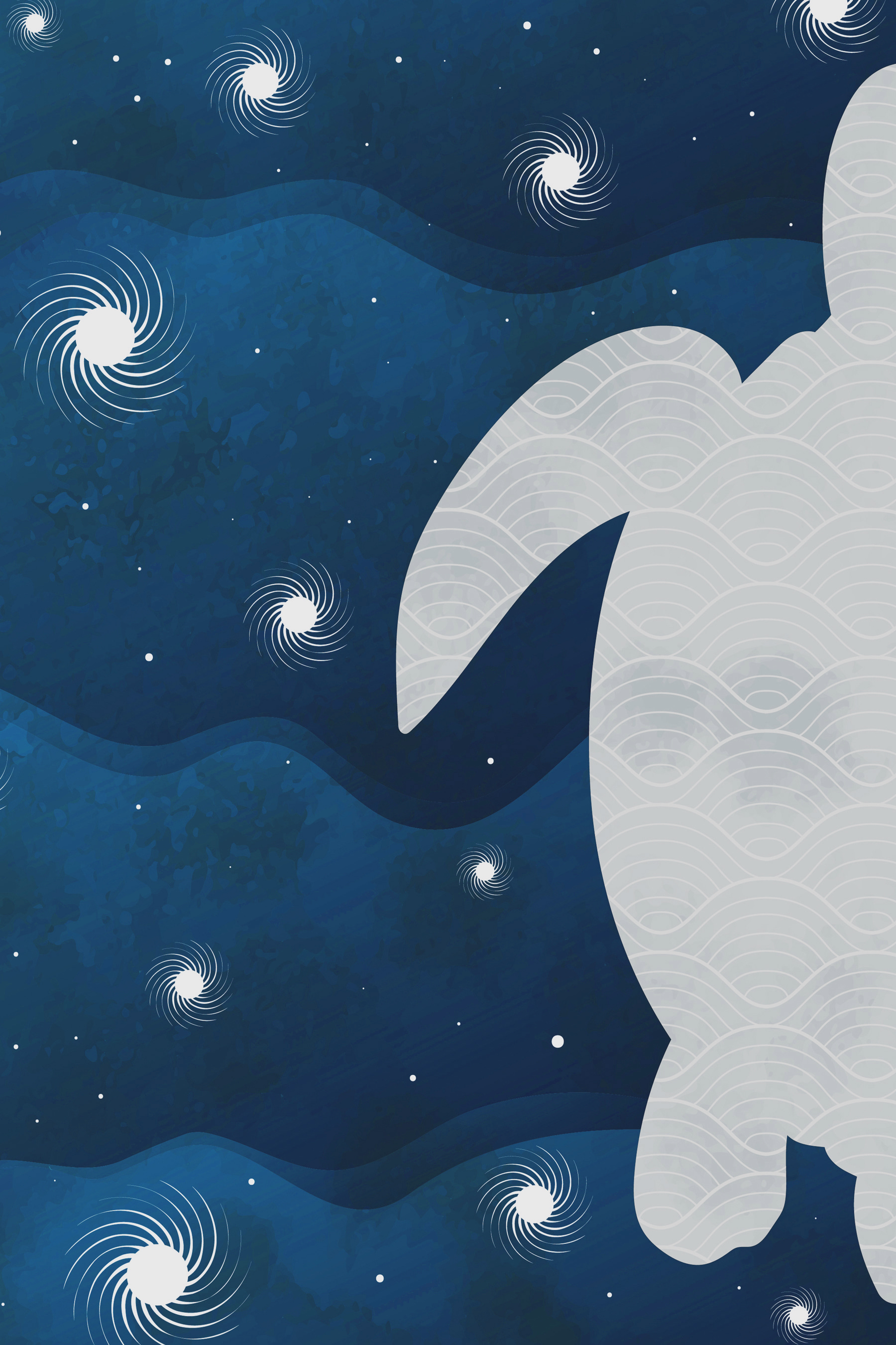 A white turtle with a curved tail and waves in the sky