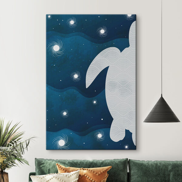 A white turtle with a curved tail and waves in the sky
