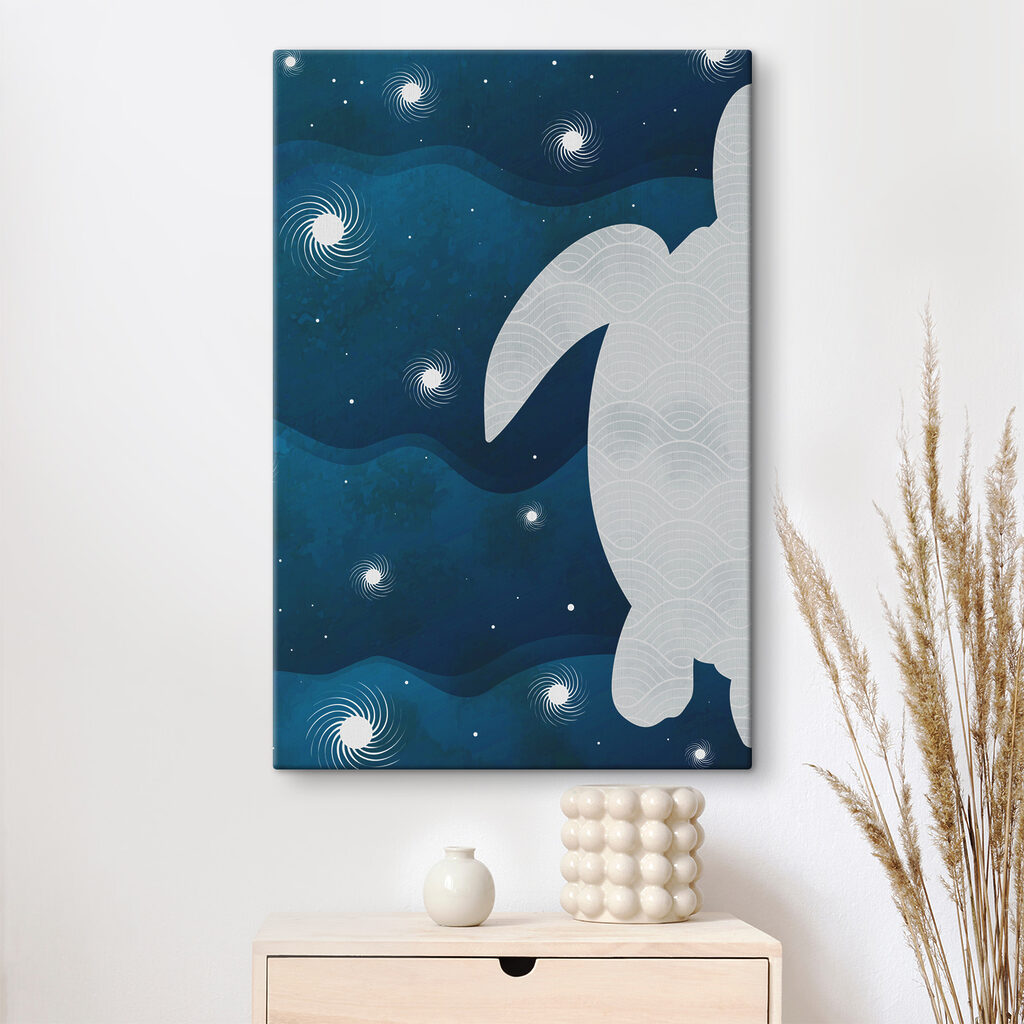 A white turtle with a curved tail and waves in the sky
