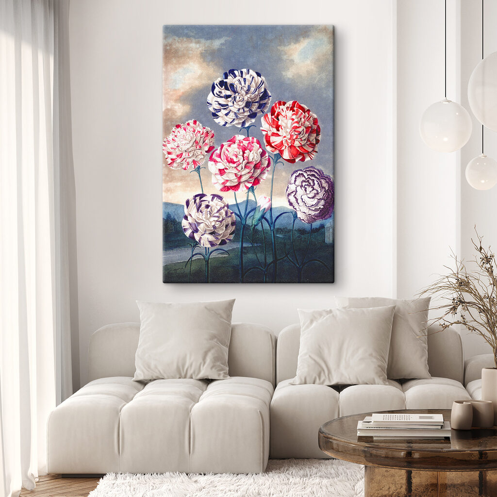 A group of flowers with blue sky and clouds