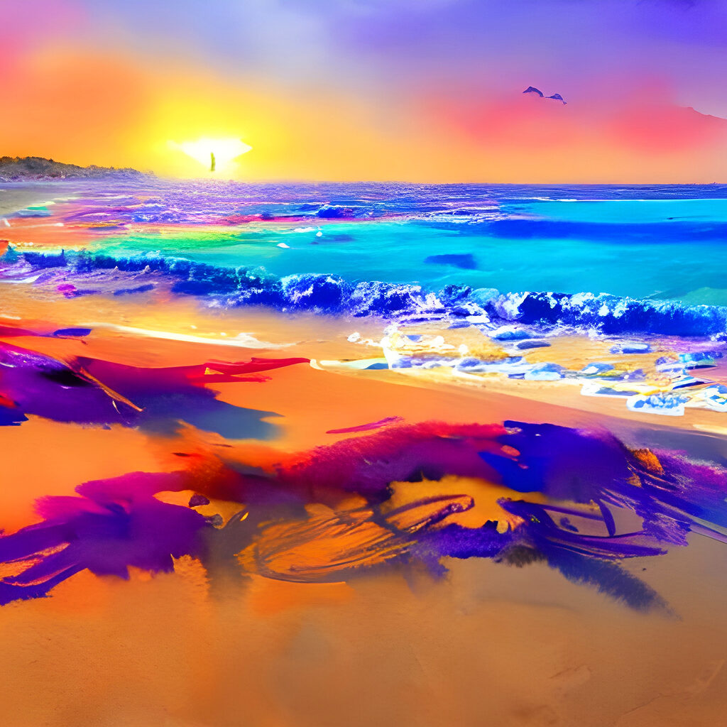 A colorful beach with waves and a sunset A colorful beach with waves and a sunset