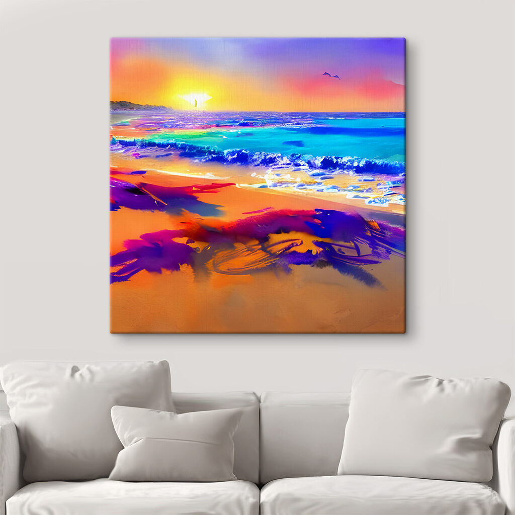 A colorful beach with waves and a sunset A colorful beach with waves and a sunset