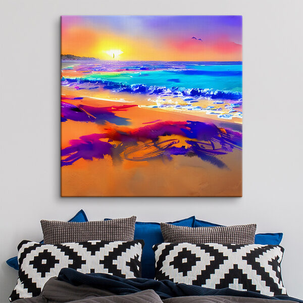 A colorful beach with waves and a sunset A colorful beach with waves and a sunset