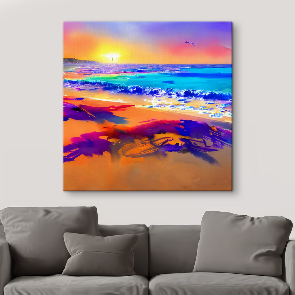 A colorful beach with waves and a sunset A colorful beach with waves and a sunset