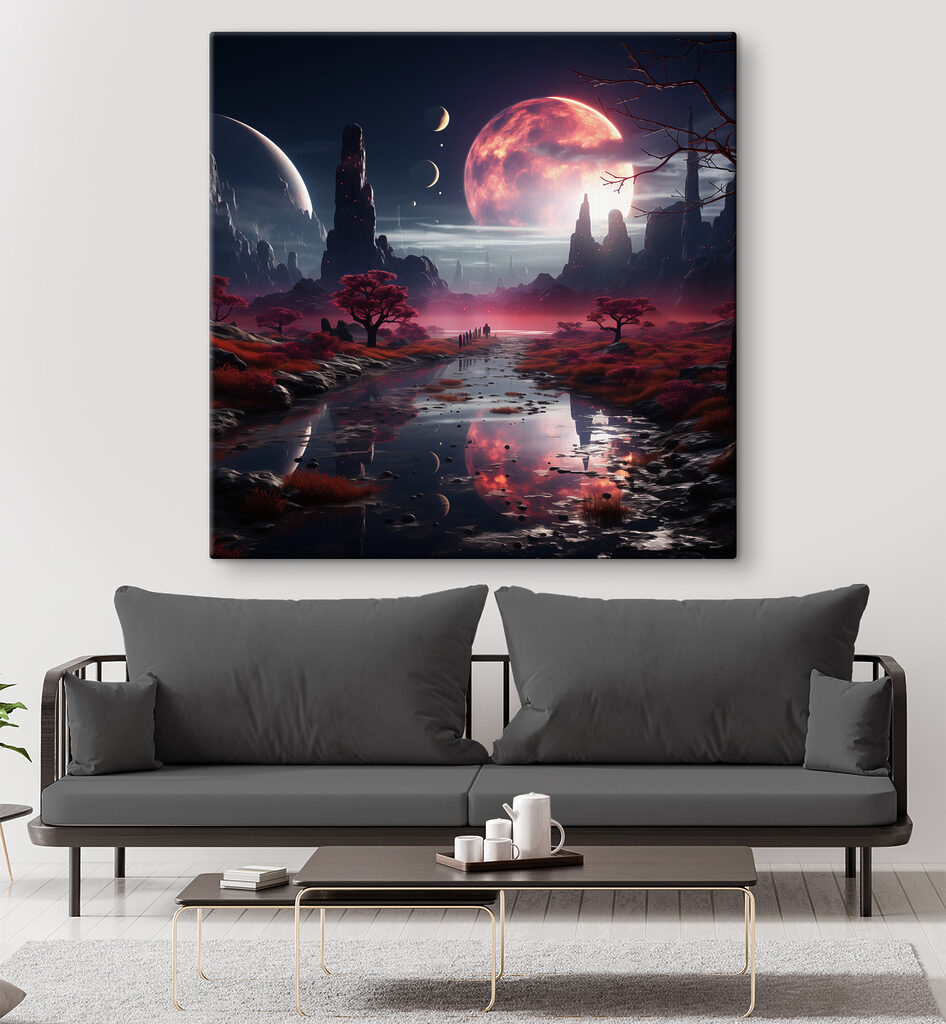A river with red plants and trees and moon in the sky A river with red plants and trees and moon in the sky