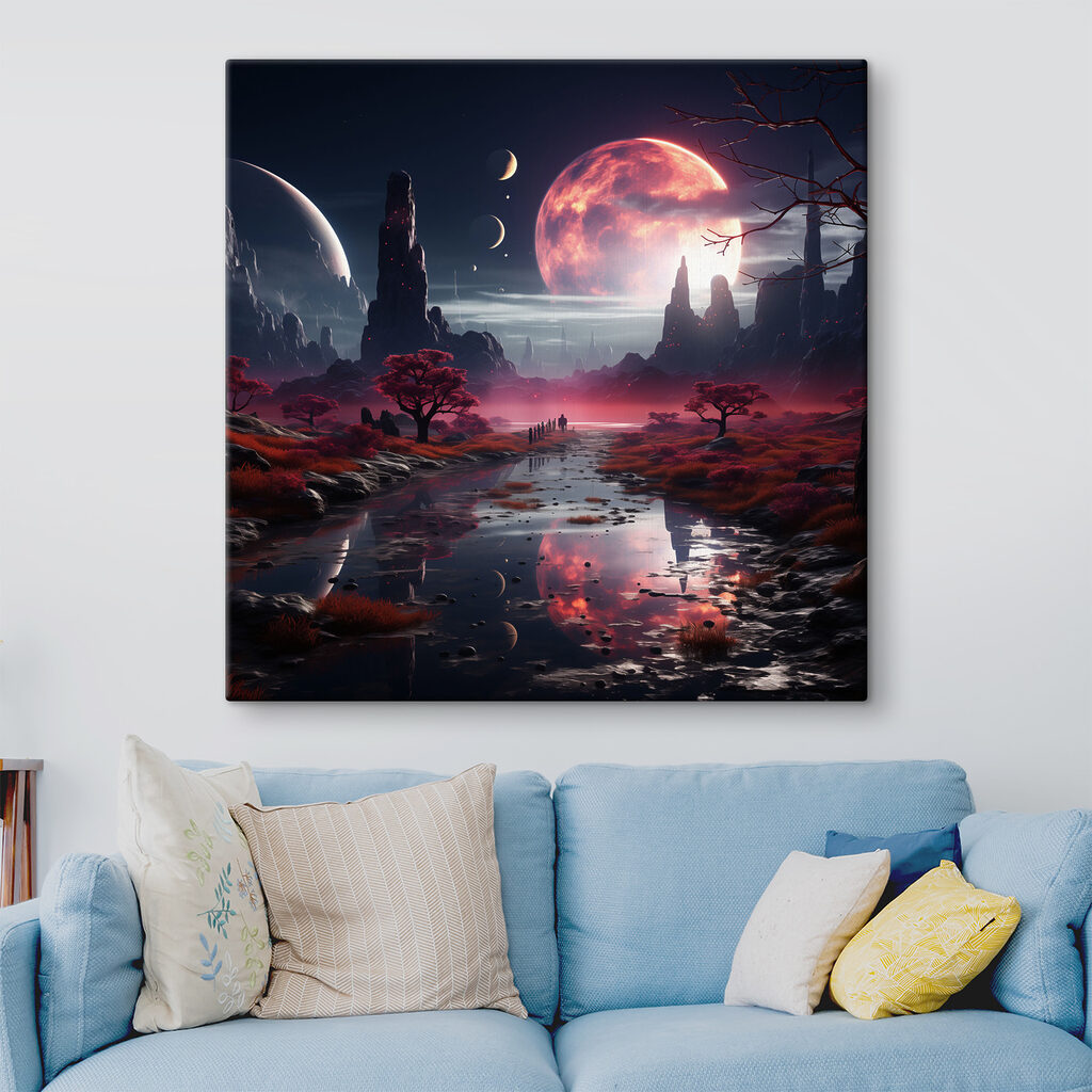 A river with red plants and trees and moon in the sky A river with red plants and trees and moon in the sky
