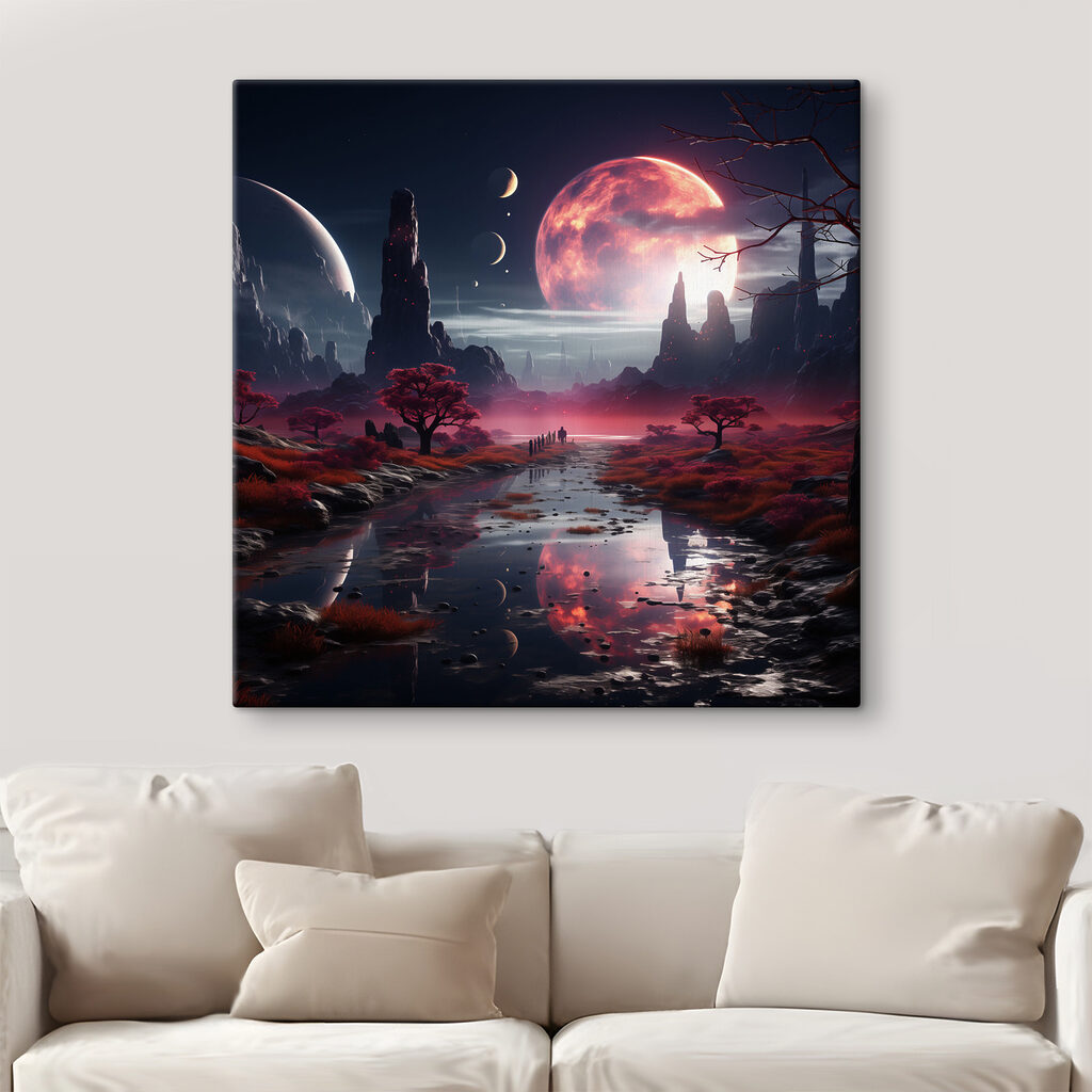 A river with red plants and trees and moon in the sky A river with red plants and trees and moon in the sky