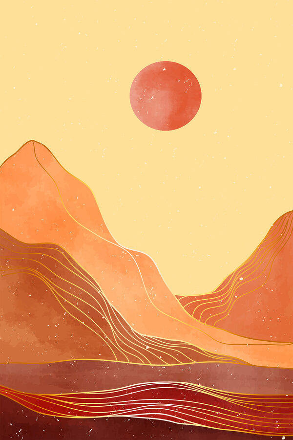 A painting of mountains and sun