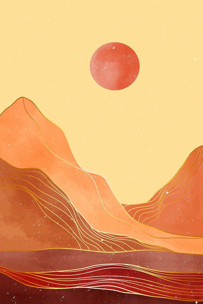 A painting of mountains and sun