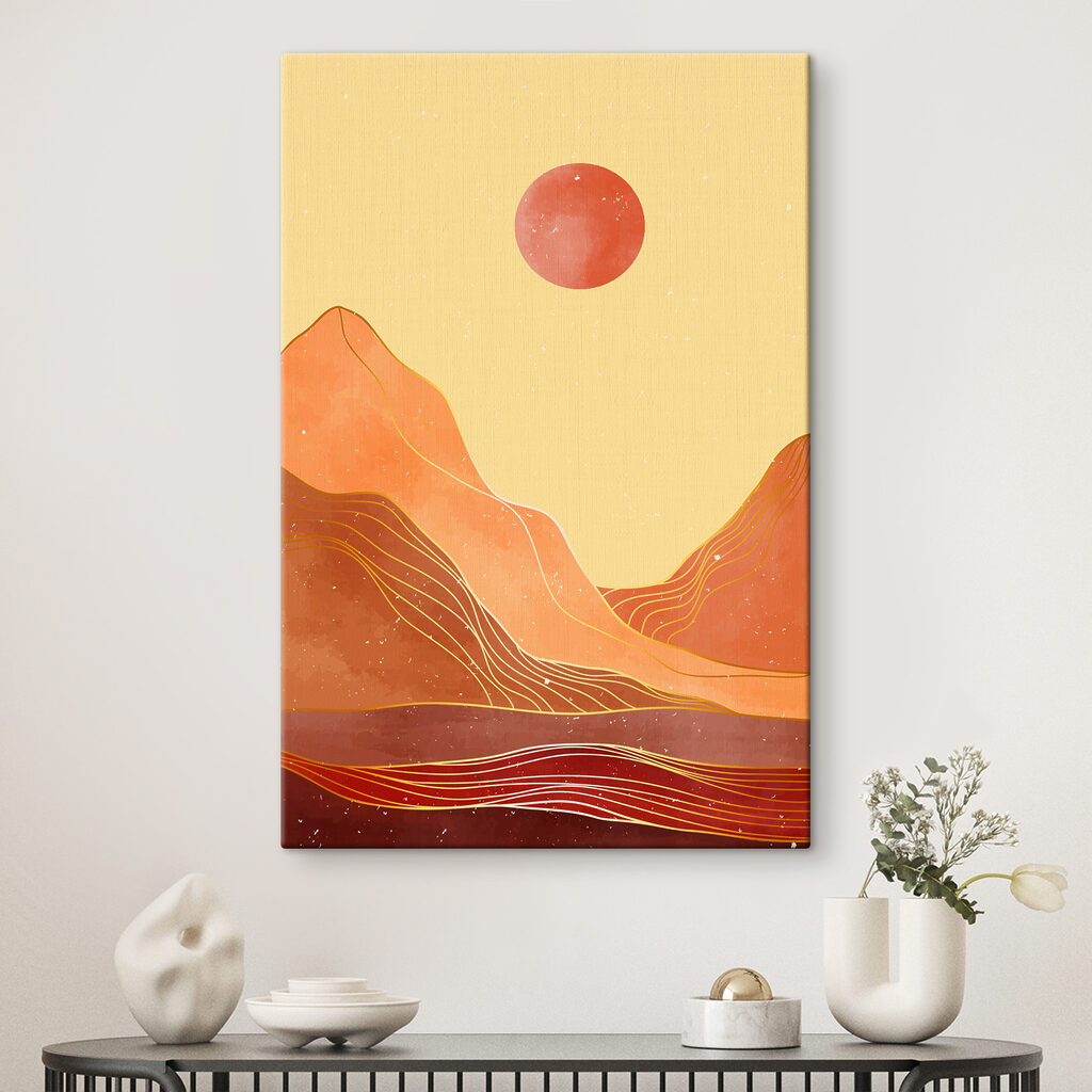A painting of mountains and sun
