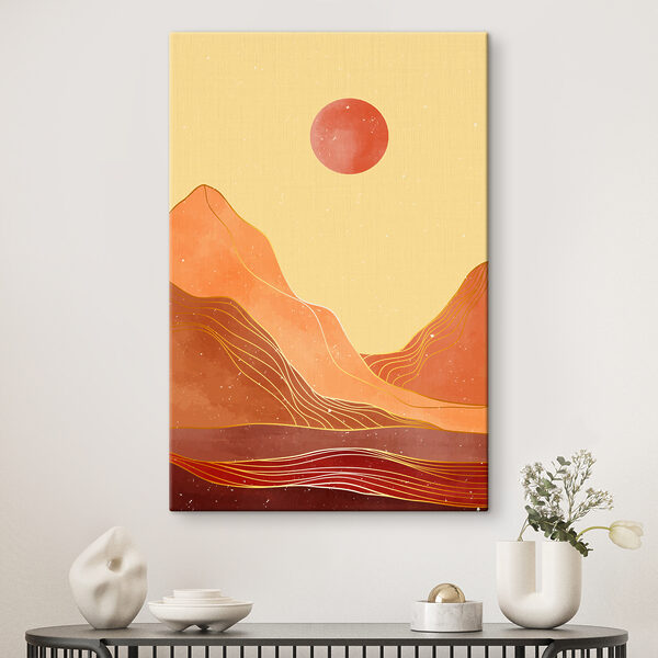 A painting of mountains and sun