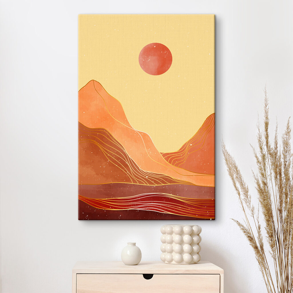 A painting of mountains and sun