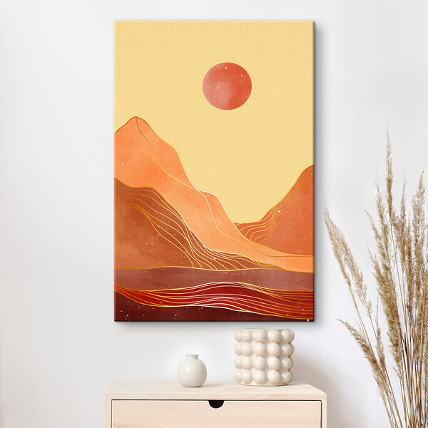 A painting of mountains and sun