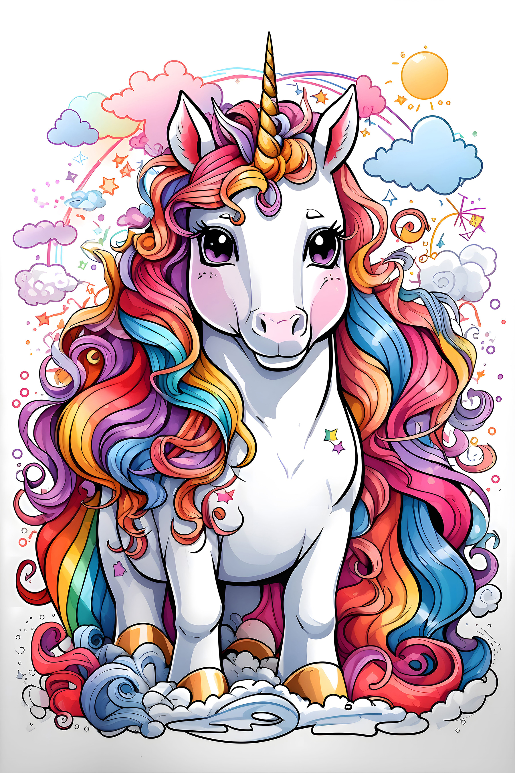 A cartoon unicorn with rainbow hair A cartoon unicorn with rainbow hair