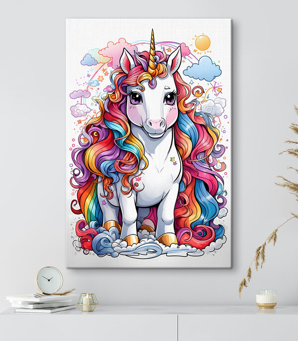 Quadri Quadri Un unicorno dei cartoni animati con i capelli color arcobaleno (COD: s37766)