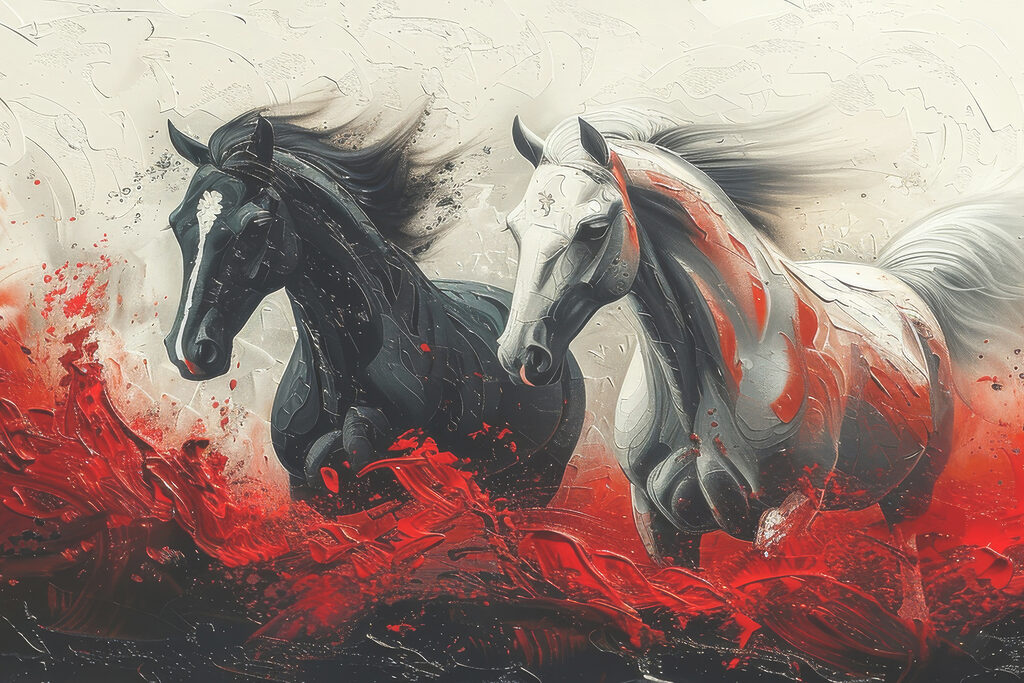 A painting of horses running with red paint A painting of horses running with red paint