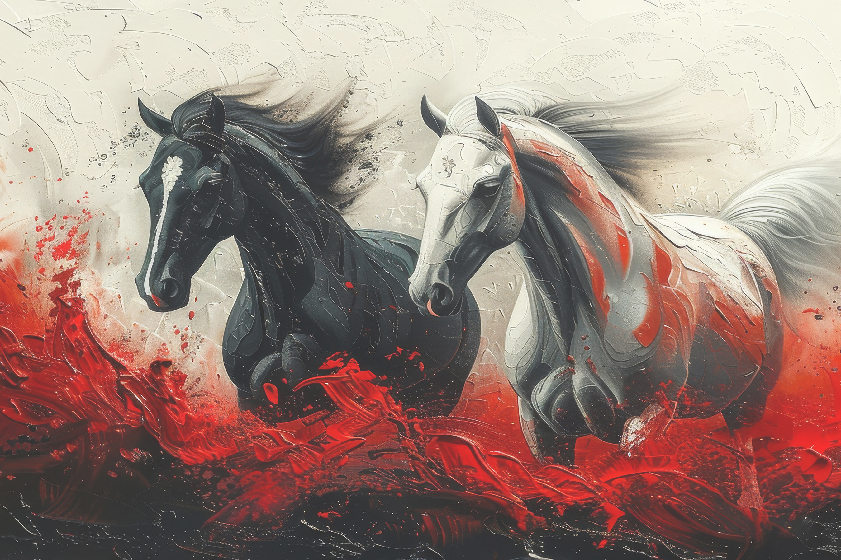A painting of horses running with red paint A painting of horses running with red paint