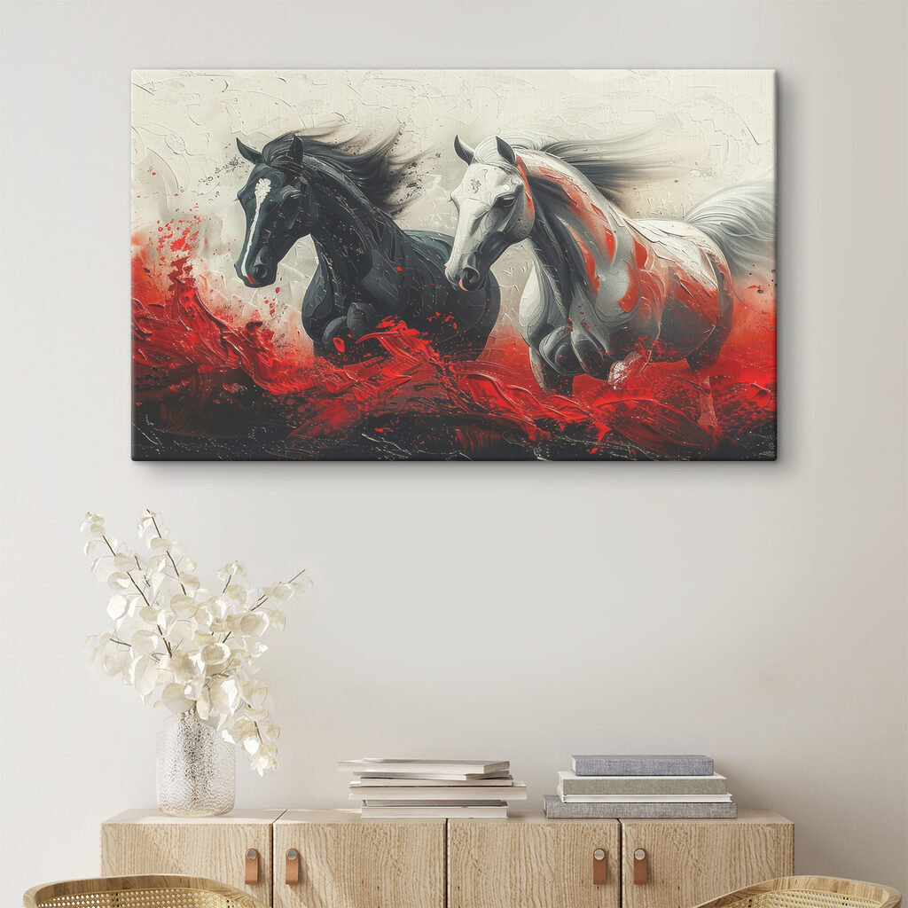 A painting of horses running with red paint A painting of horses running with red paint