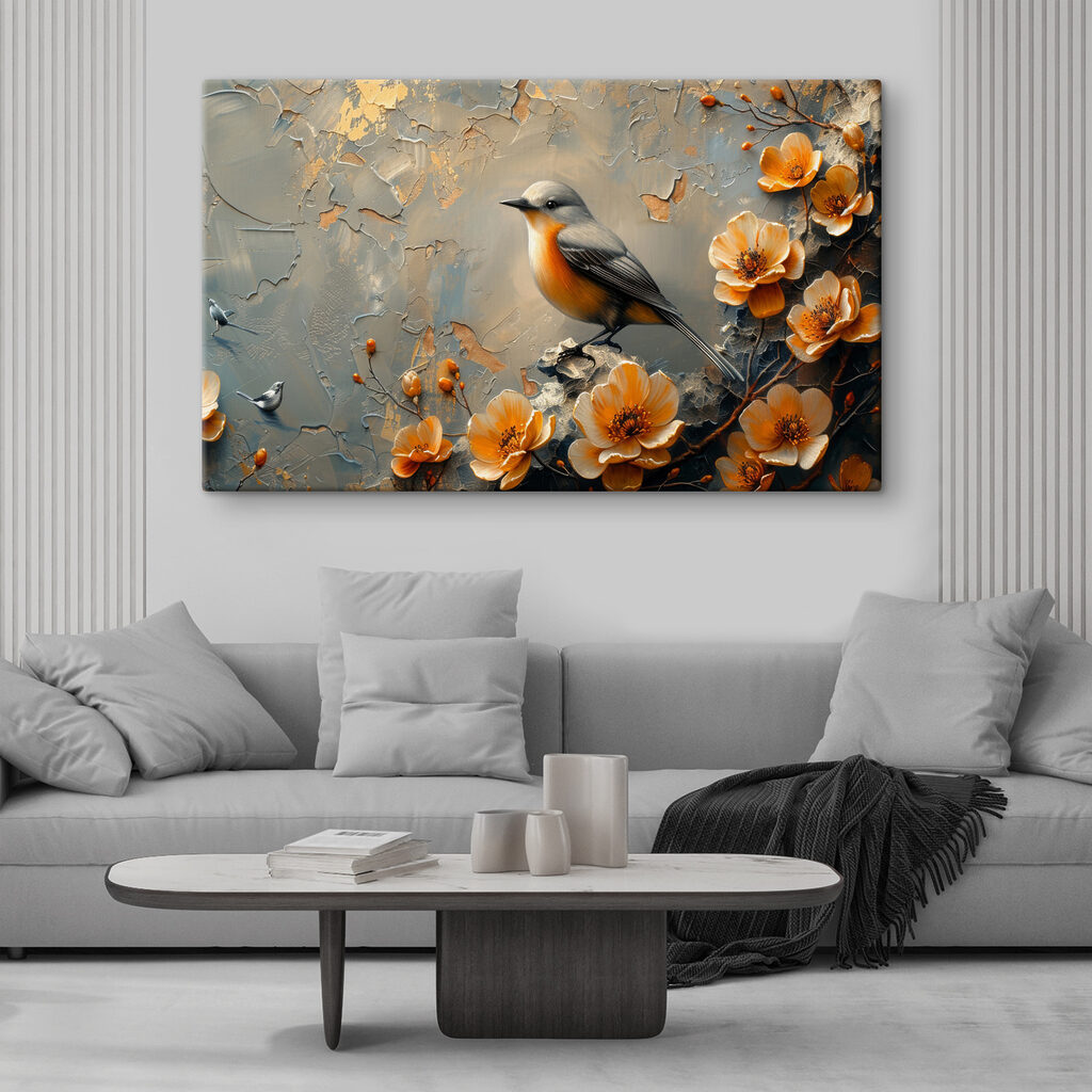 A bird on a branch with flowers