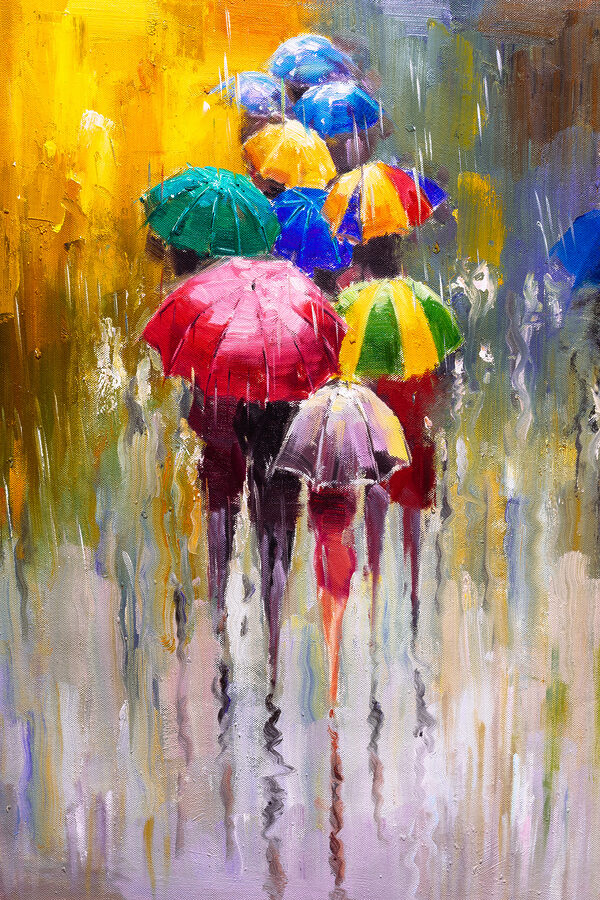 A painting of people holding umbrellas