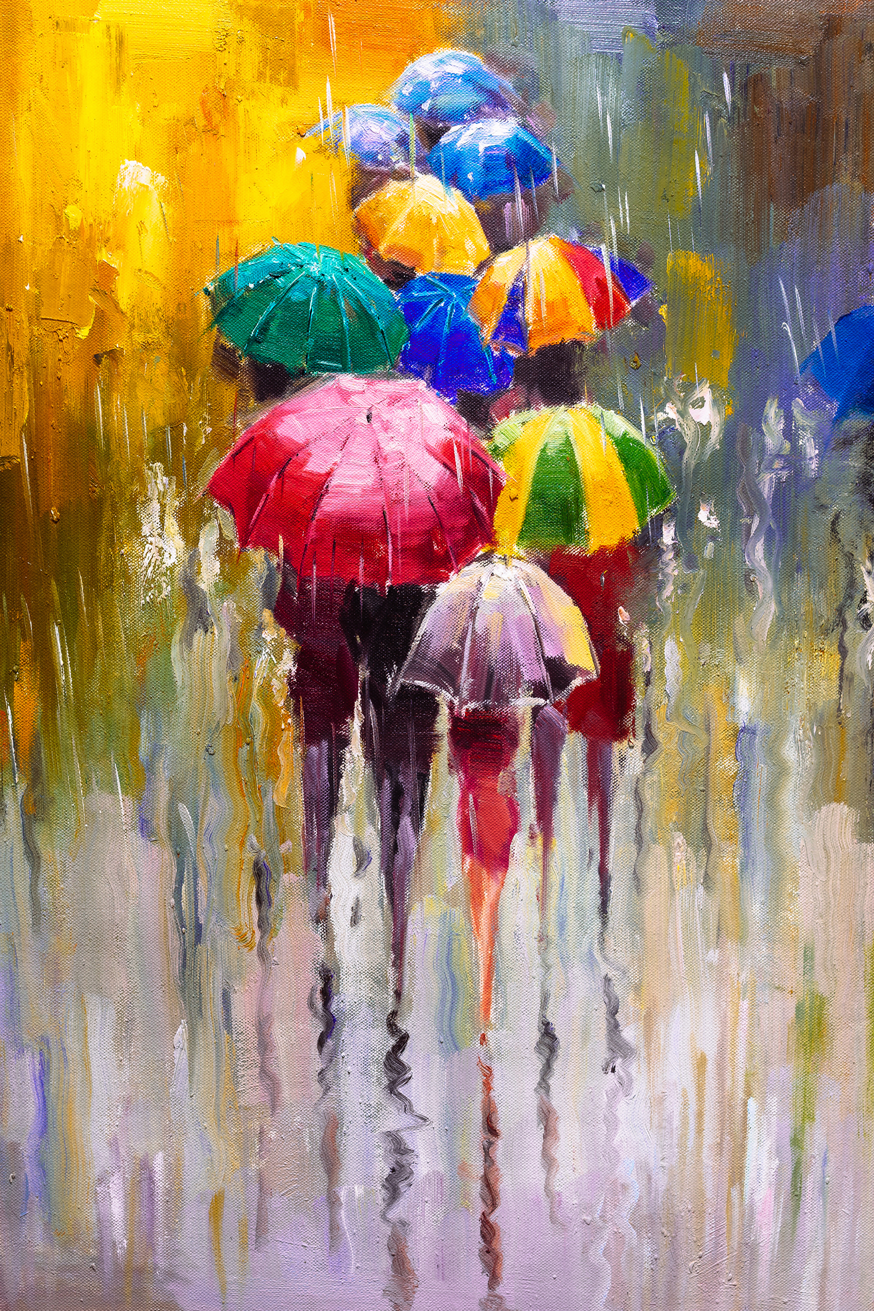 A painting of people holding umbrellas