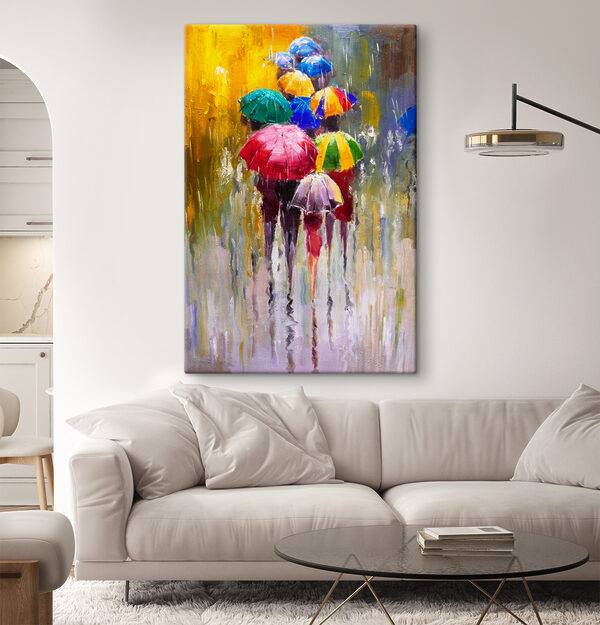 A painting of people holding umbrellas