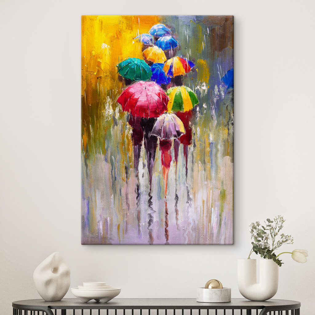 A painting of people holding umbrellas