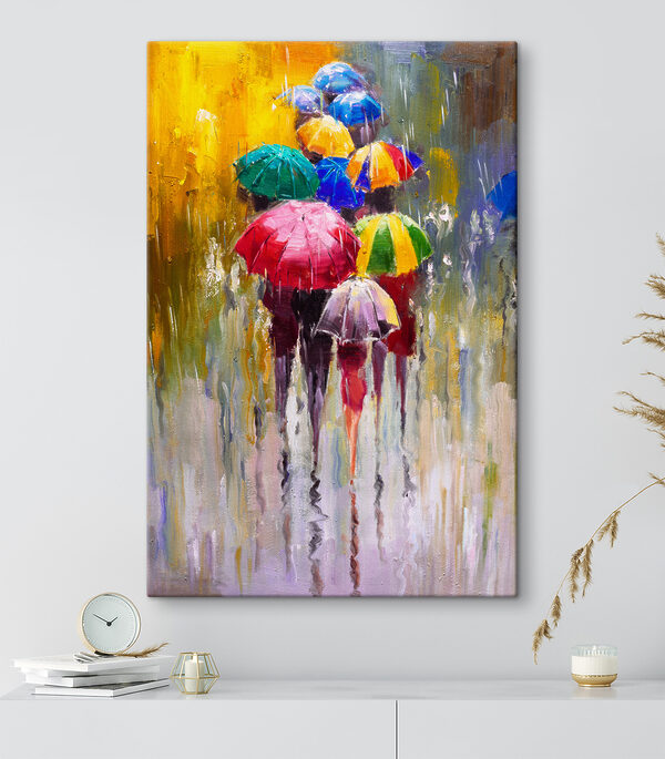 A painting of people holding umbrellas
