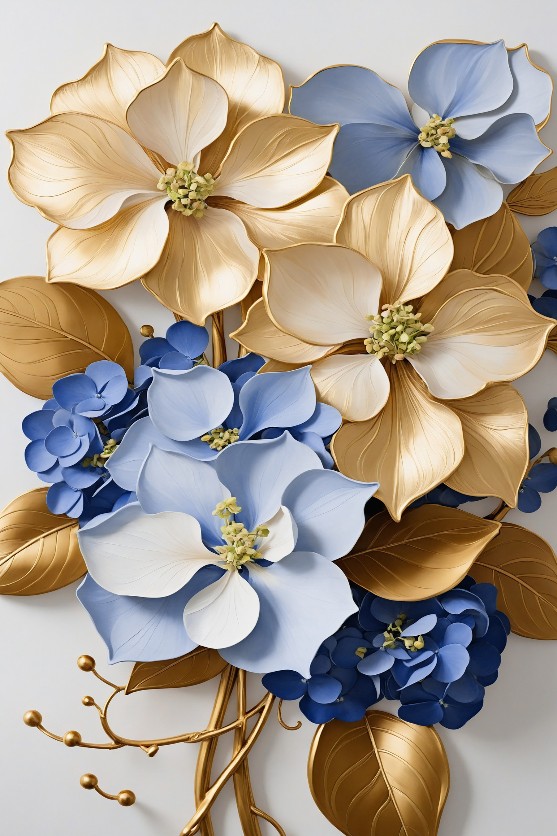 A group of blue and white flowers