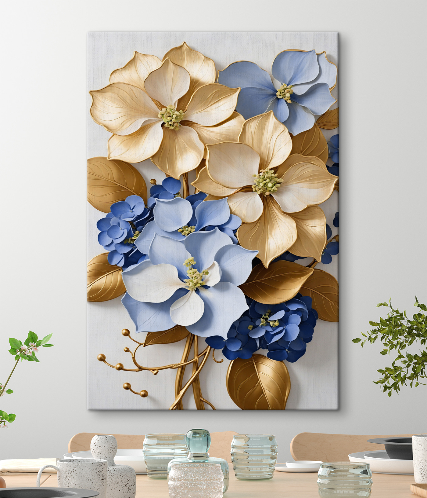 A group of blue and white flowers