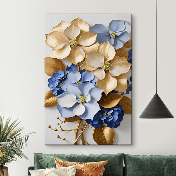 A group of blue and white flowers