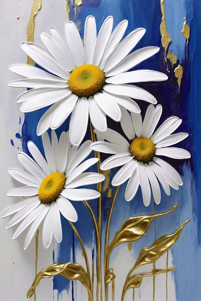 Daisies flourish on a blue canvas